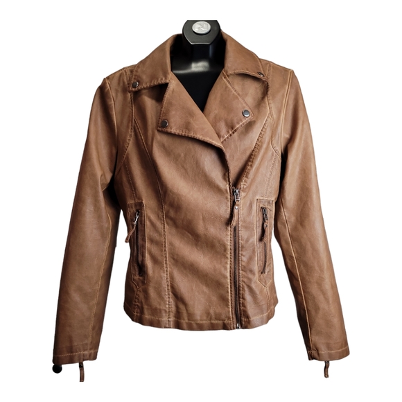 Max Studio Women's caramel tan aged Faux Leather moto biker jacket, L - Picture 2 of 16